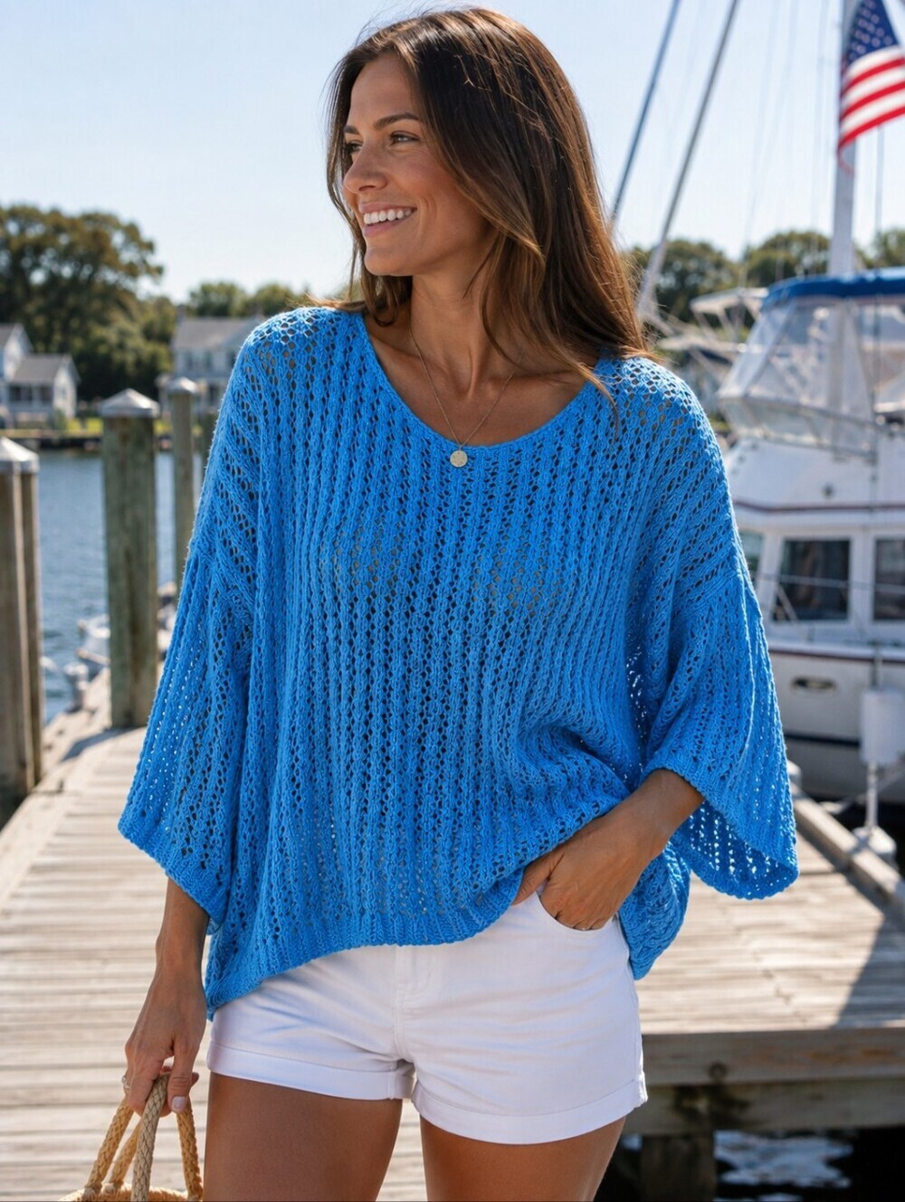 J. Jill Open-Knit Boatneck Sweater - Bright Blue